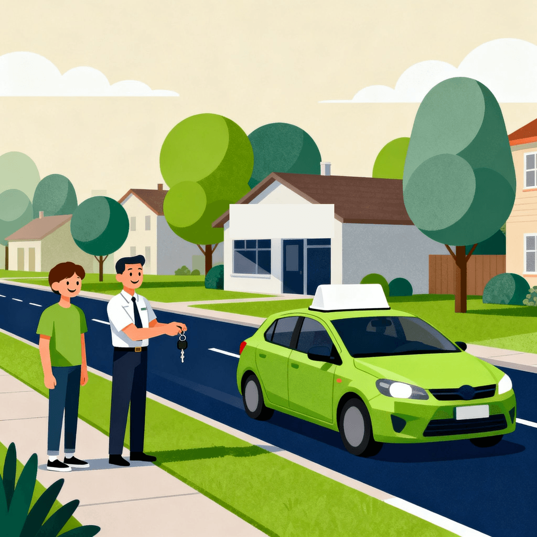 A driving school street: instructor handing keys to a student while the lime learner car rolls by