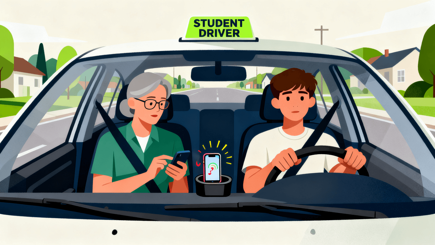 A lesson in progress while the school phone rings in the cupholder